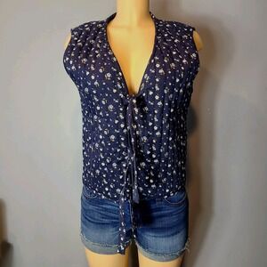Cottage Floral Quilted Vest Womens‎ Sz Large Tie Front Feminine Dainty Festival